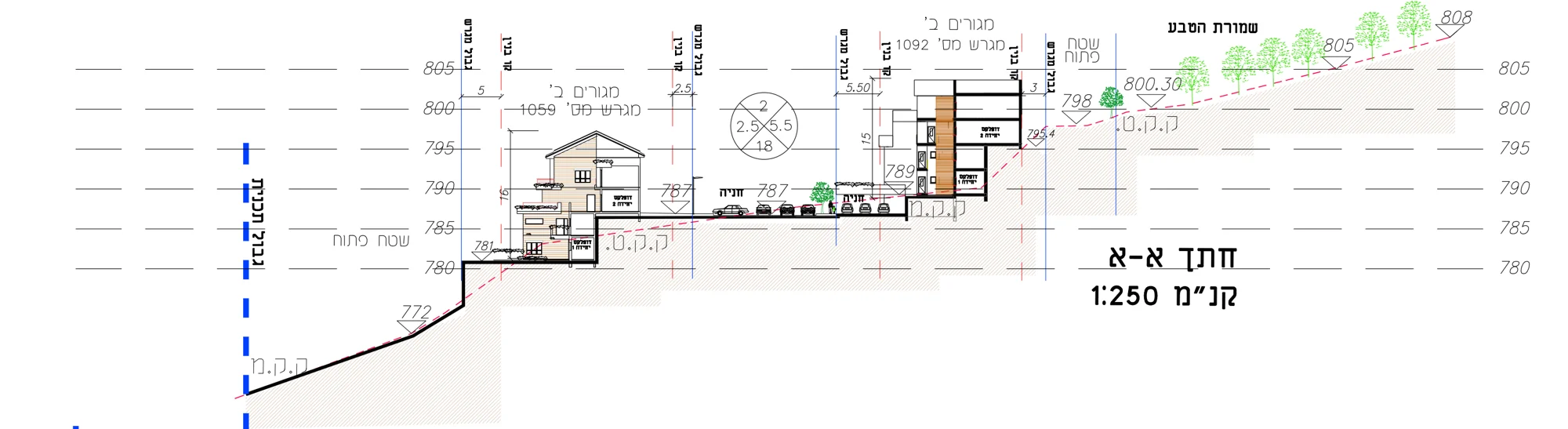 תכנית מפורטת יצהר: חתך א-א מתוך נספח הבינוי, קנ"מ 1:250